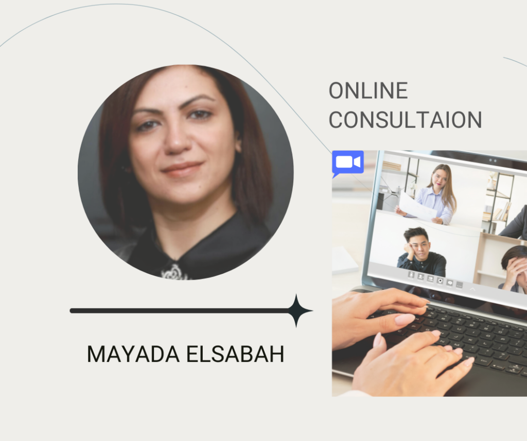 Branded graphic for Dr. Mayada Elsabah's online consultation service