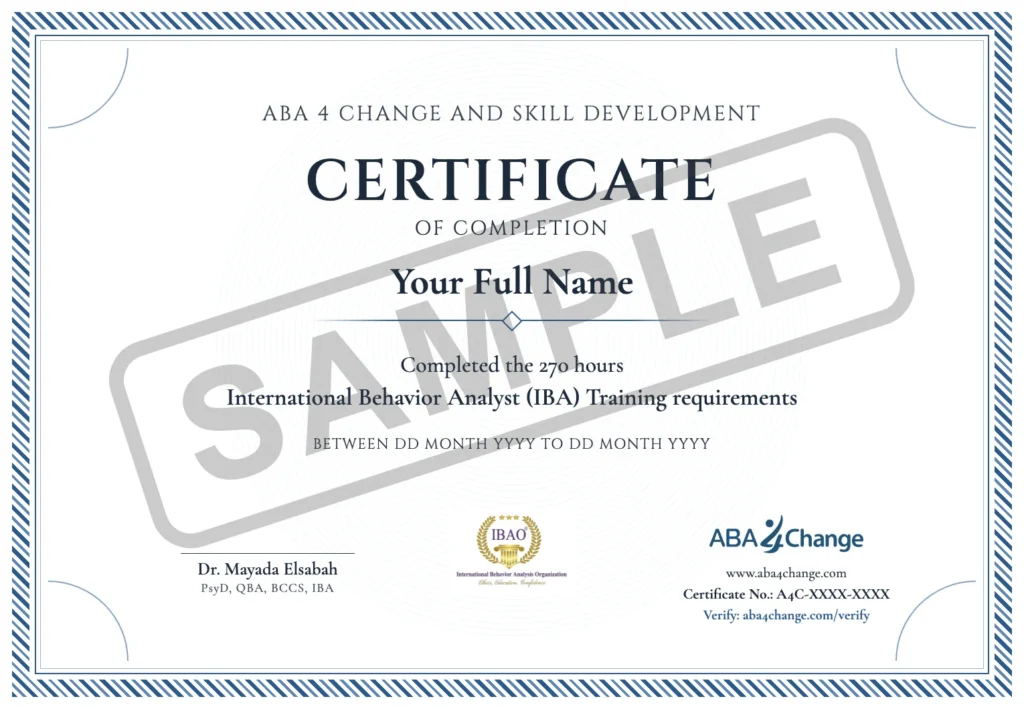 Sample certificate of completion for the ABA 4 Change IBA 270-hour program, with a verifiable certificate number